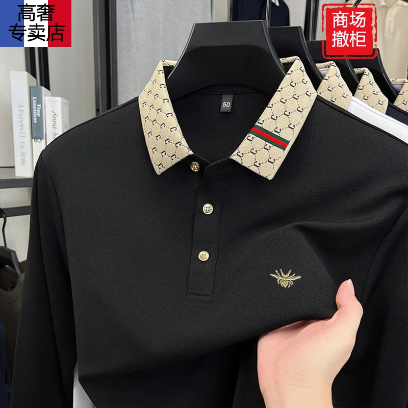 【法国高奢 EddaDior】小蜜蜂专版刺绣长袖POLO衫男潮流翻领透气T恤