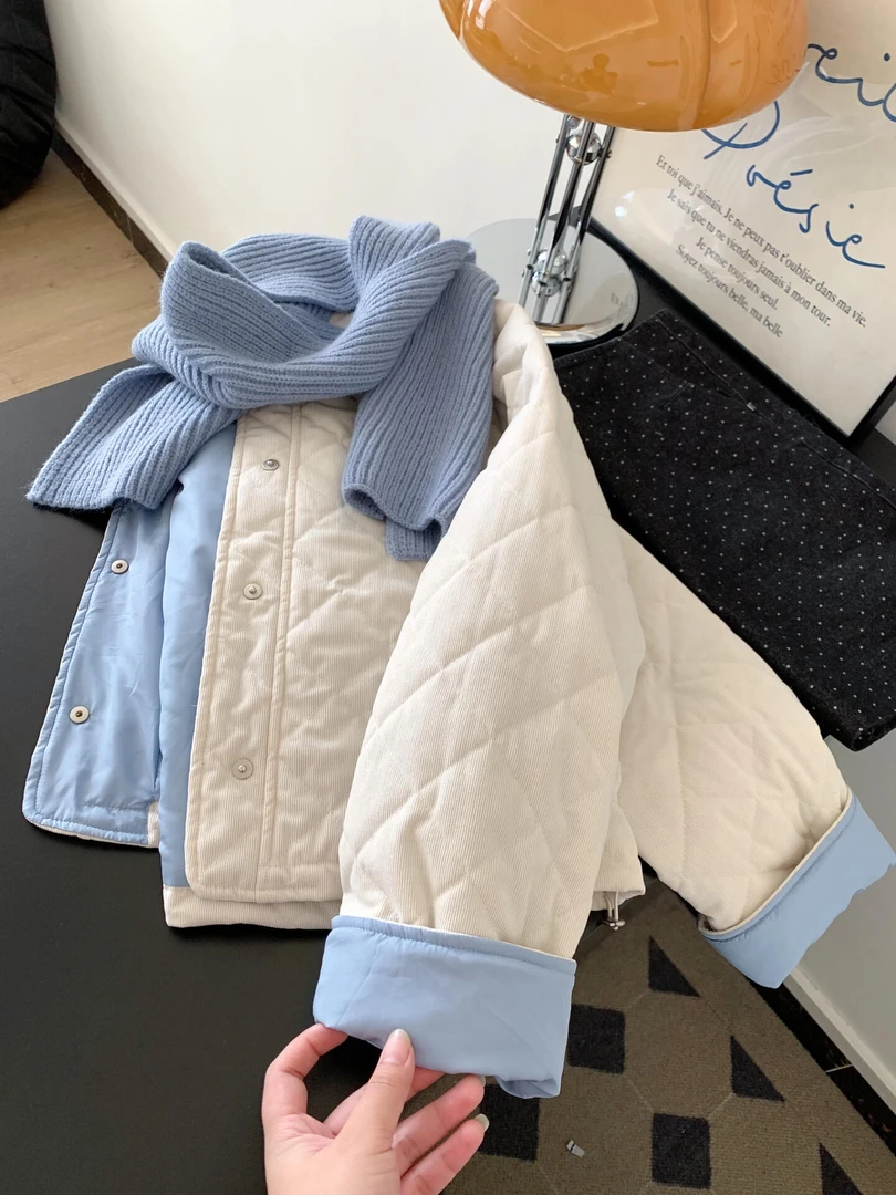 韩版撞色圆领菱格夹棉棉服女秋冬2025新款设计感时尚甜美保暖外套