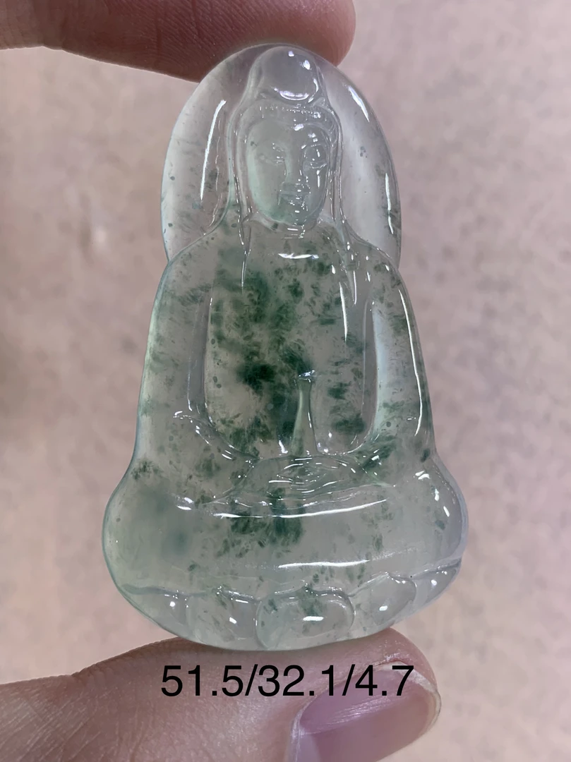 天然缅甸翡翠A货素衣观音吊坠，高冰飘花，完美一刀切，男士佩戴