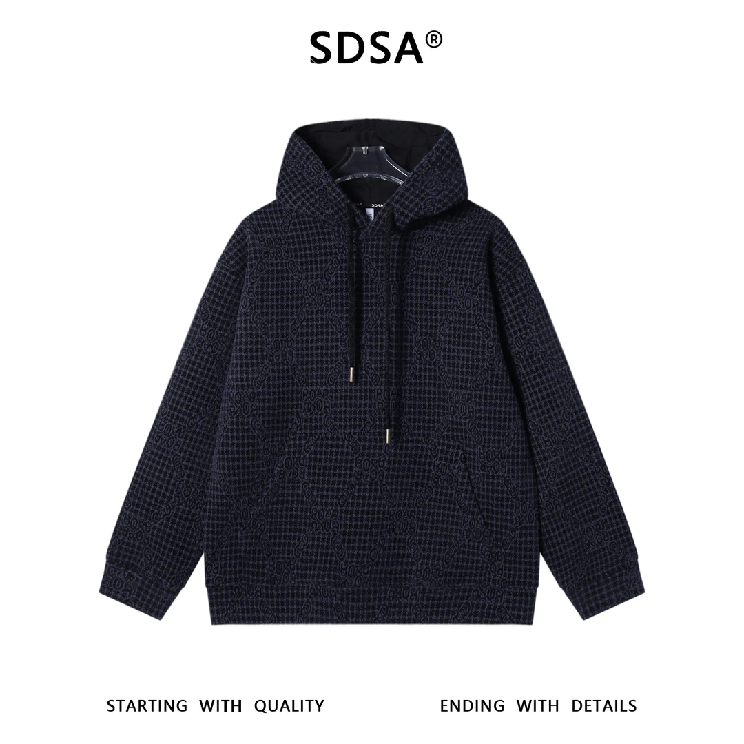 SDSA秋冬新款痞帅男装简约撞色菱形格子抽绳连帽卫衣提花百搭宽松