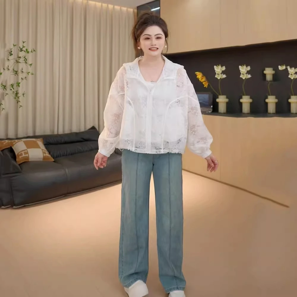 胖佳大码高级感提花轻薄防晒衬衫外套女春夏胖mm宽松显瘦开衫上衣