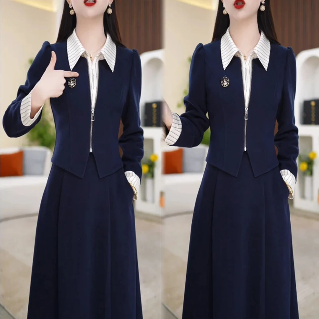 时尚长袖连衣裙女2025春季新款气质显瘦设计感翻领假两件休闲裙子