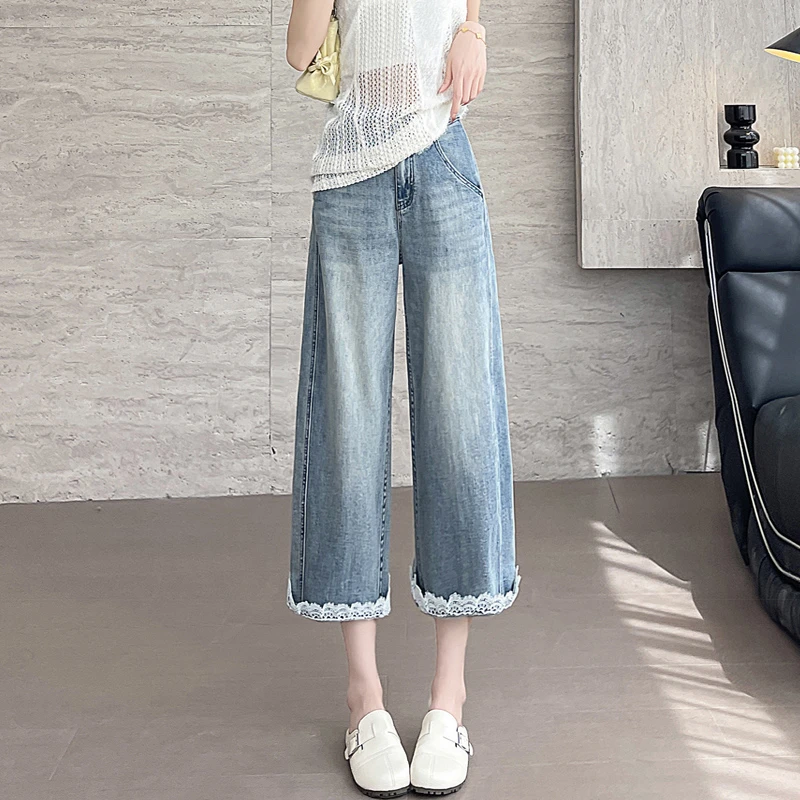蕾丝花边牛仔阔腿裤女夏季薄款2025新款小个子裤子宽松直筒牛仔裤