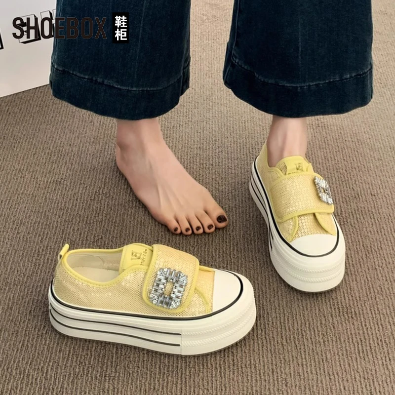 SHOEBOX鞋柜厚底帆布鞋女2025新款夏薄款透气增高运动休闲板鞋