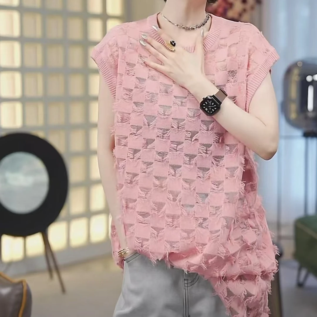 PanYiXiu/潘依绣【桃花坞】人丝肌理感网格针织流苏背心 CX015