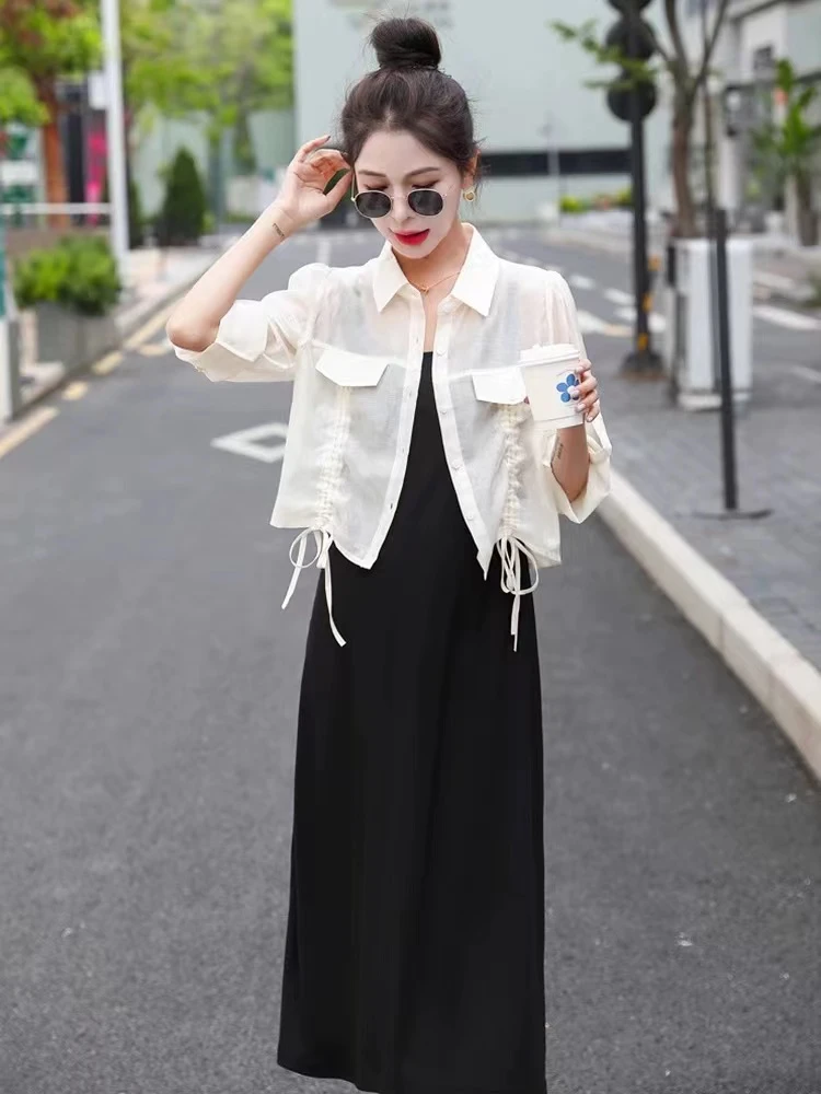 【娜姐家】2587#时尚气质双抽绳连衣裙百搭套装