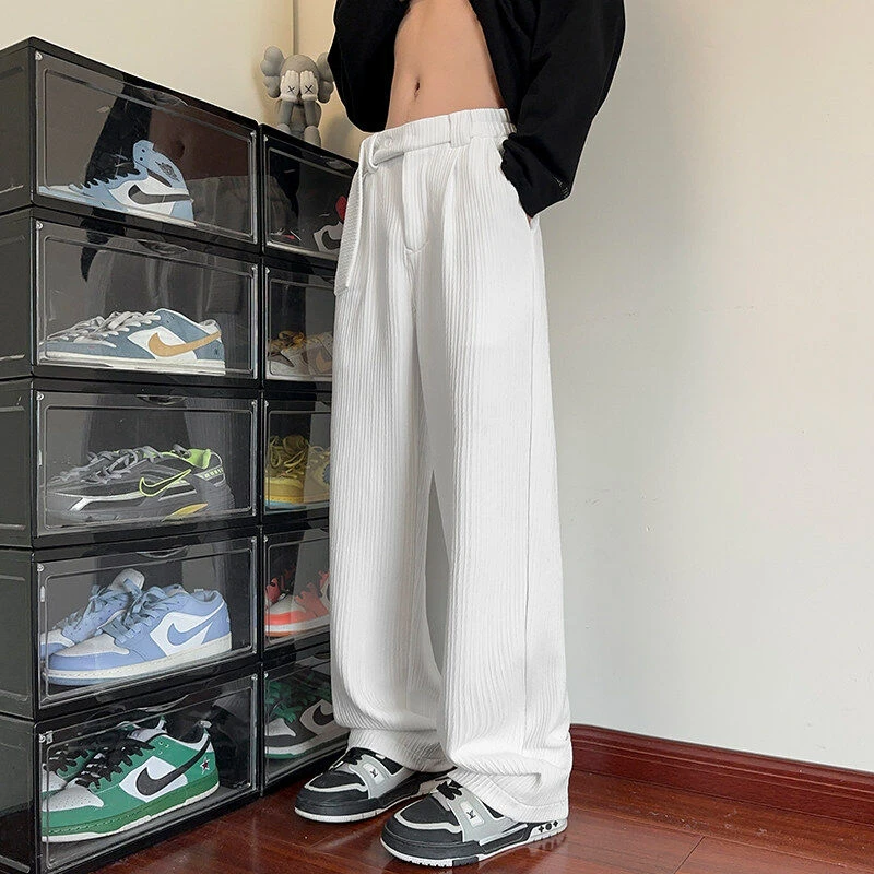 杏色纹理感裤子男款春季垂感百搭阔腿裤美式潮牌直筒宽松休闲裤子