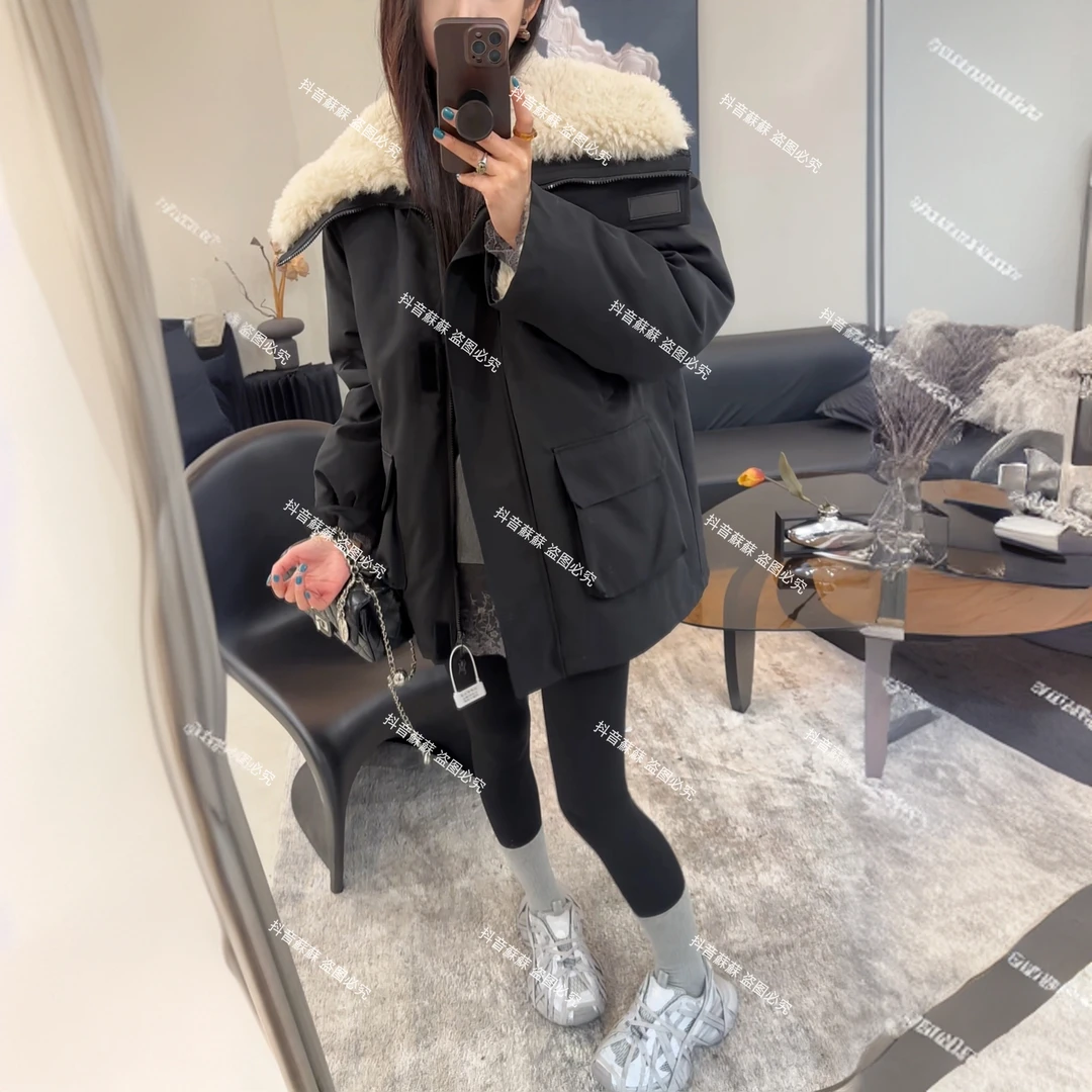 韩系羊羔毛冲锋衣派克服外套女冬季2024年加厚工装羊羔绒拼接上衣