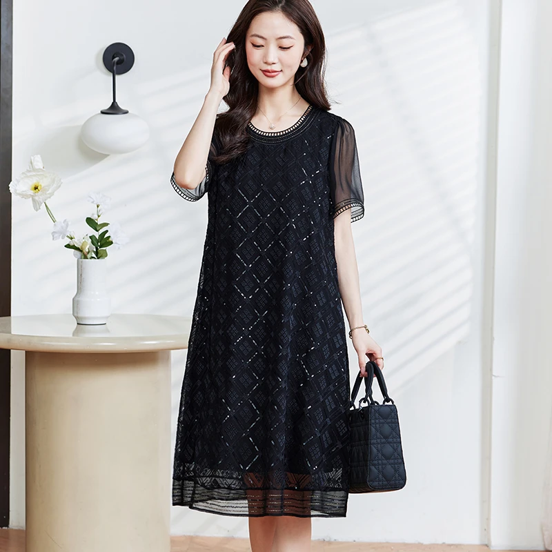 【田老板专属】E5250刺绣真丝连衣裙2025秋优雅宽松桑蚕丝裙子女