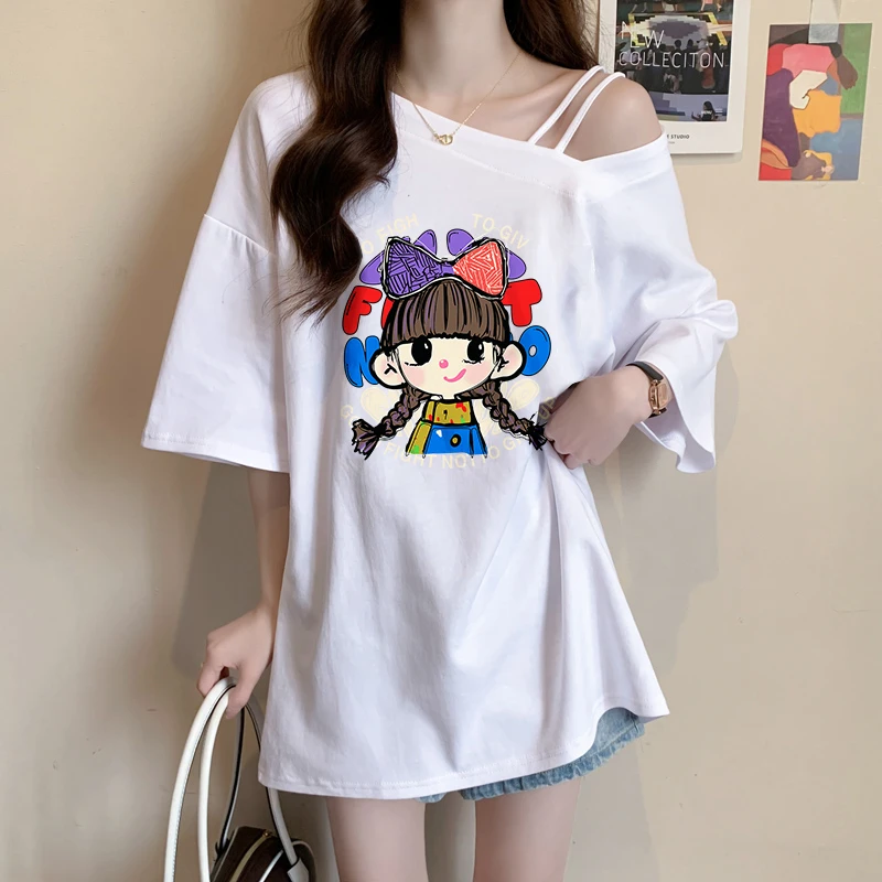 卡通印花短袖T恤女夏季新款韩版宽松中长款洋气大码纯棉斜领上衣