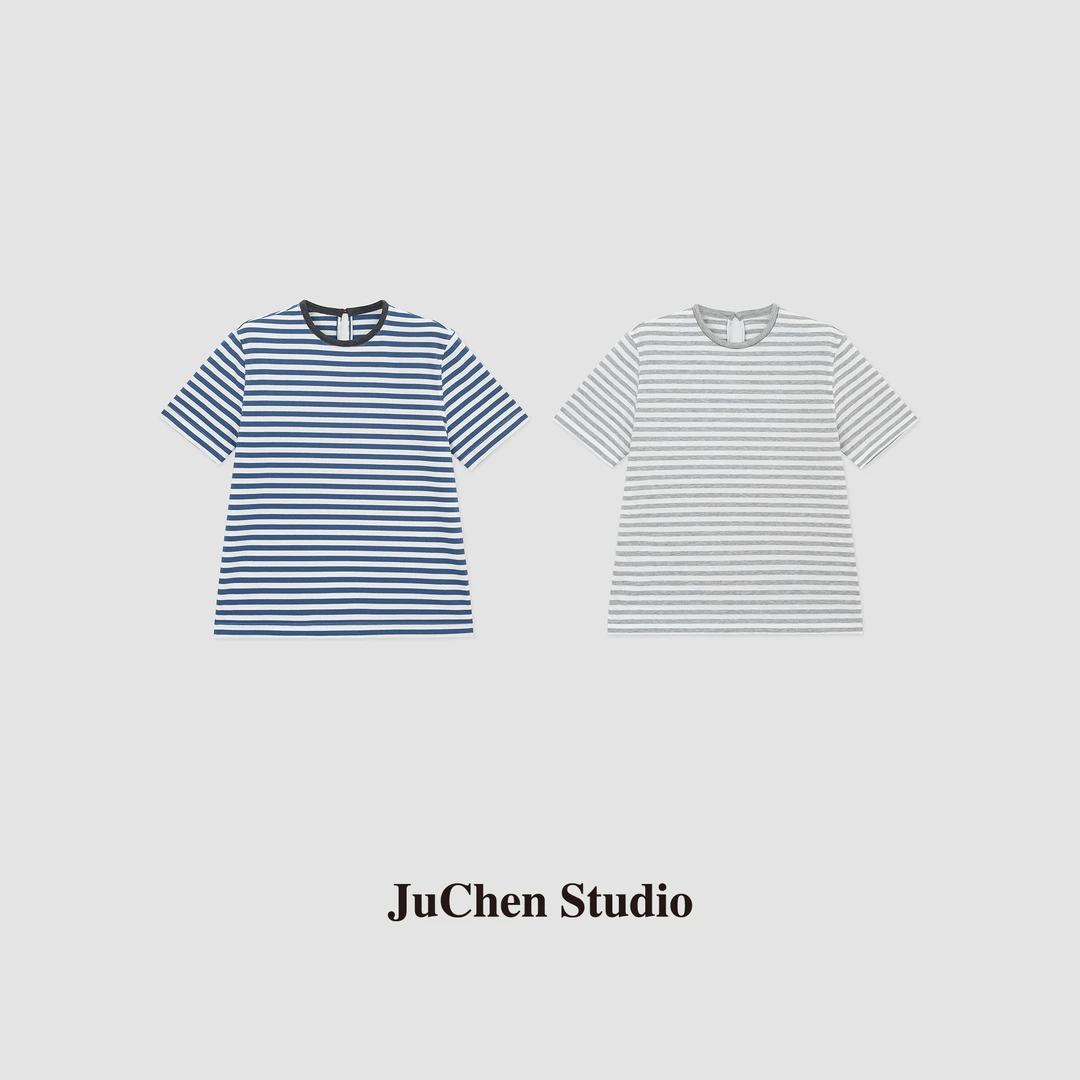 “航海家”夏季意奢老钱风领口珠链简约撞色条纹短袖T恤SS032428-16