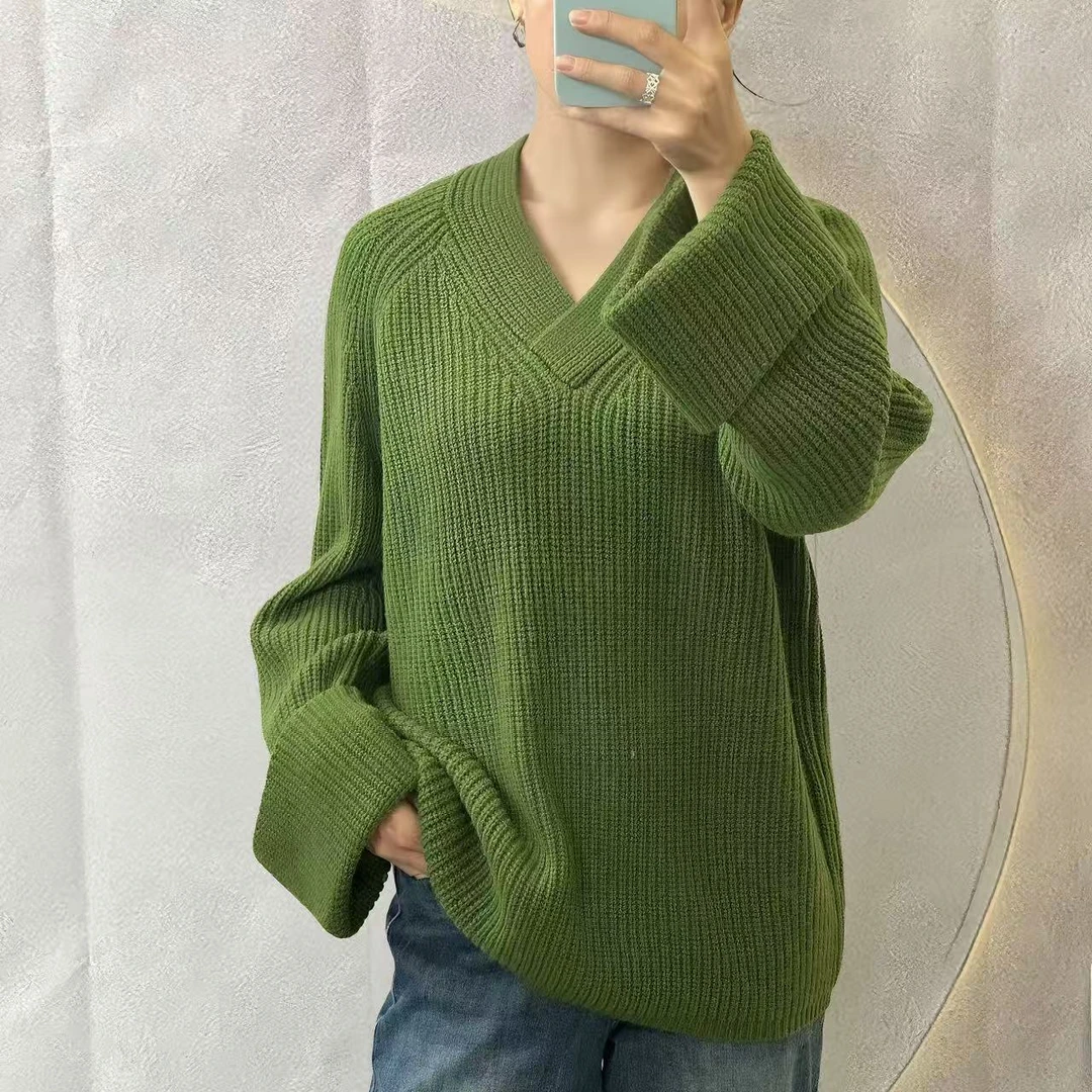 原创~100%纯山羊绒衫元宝针加厚V领毛衣宽松慵懒挽袖针织衫