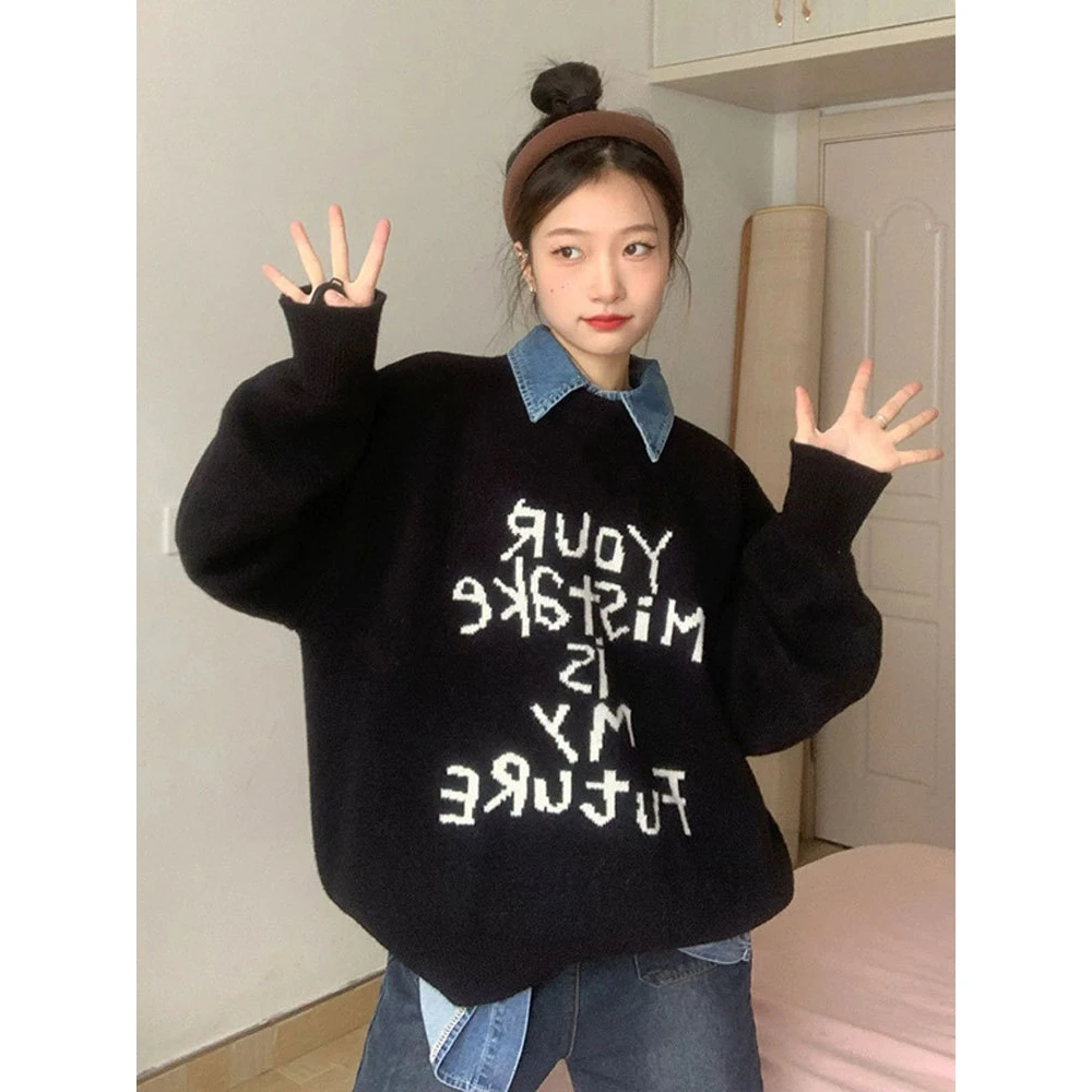 无帽独特字母印花黑色圆领卫衣女2025春秋薄款韩版小个子慵懒风潮
