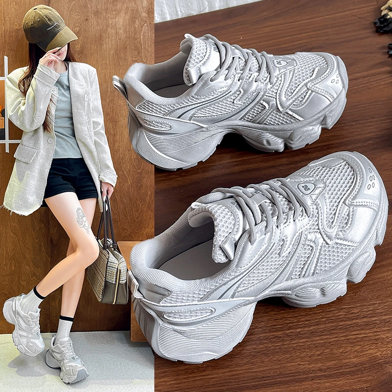 春秋新款【跟高五公分】厚底老爹鞋小个子增高神器百搭双层网面透气