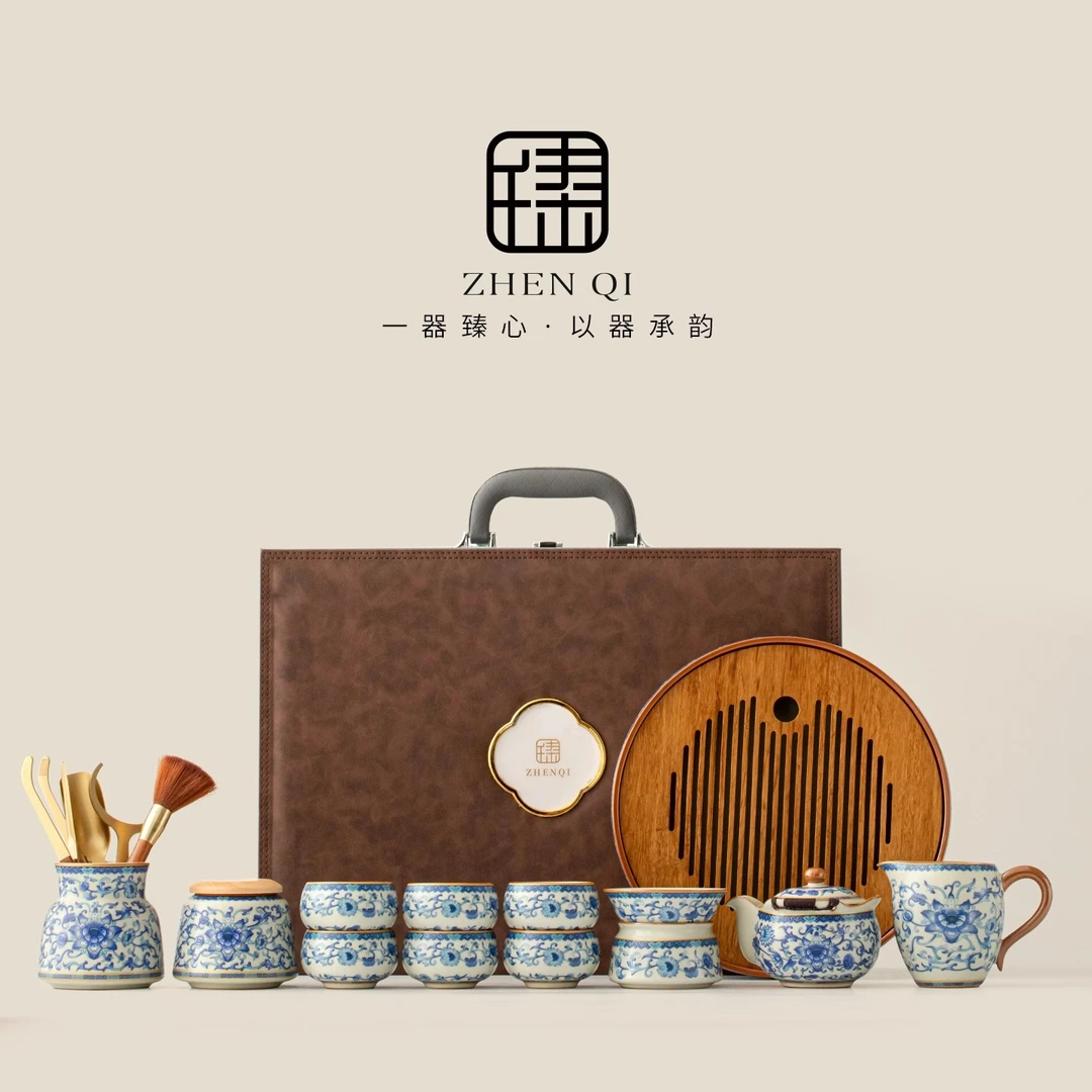 汝窑青花功夫茶具套装家用高档办公陶瓷手抓壶泡茶壶茶杯茶盘整套