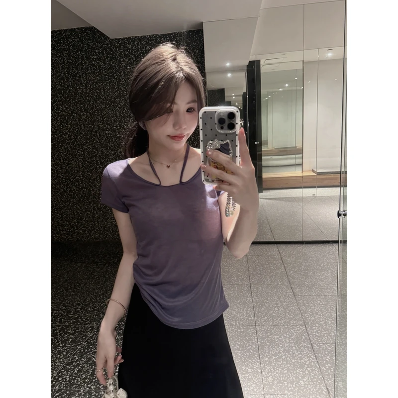 CJJ【面膜T】夏季设计款显瘦领口系带短袖时尚百搭气质修身柔软上衣