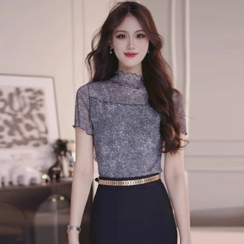 【商场同款】夏季新款修身显瘦星空灰立领短袖网纱T恤摩登猫1300643