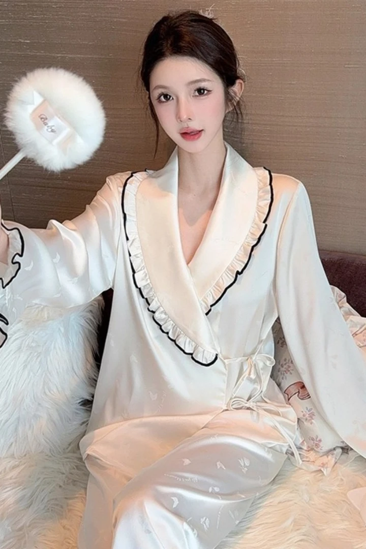 2025新款贵妇级睡衣女新中式国风白色高级感长袖套装家居服薄款