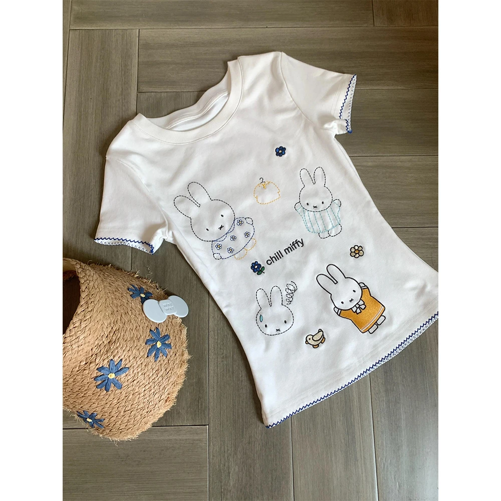撞色边可爱兔子刺绣短袖t恤女夏季修身上衣童趣减龄卡通外套21350