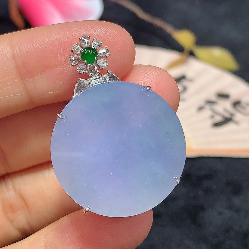 18k金天然A货翡翠紫罗兰圆牌吊坠轻奢时尚气质百搭