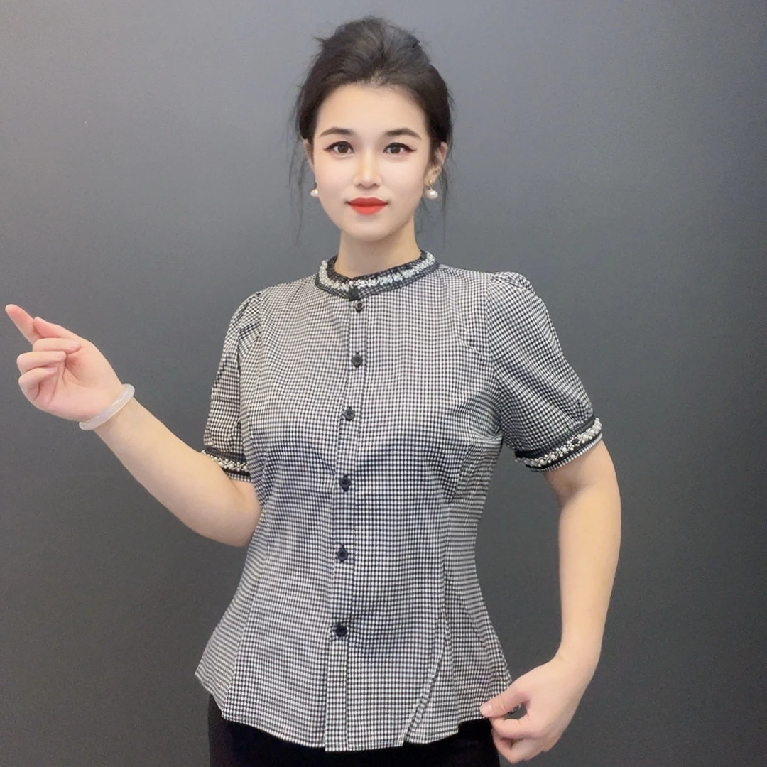 衬衫短袖纯色缝珠夏季钉珠圆领收腰白衬衫衬衣百搭时尚荷叶边上衣