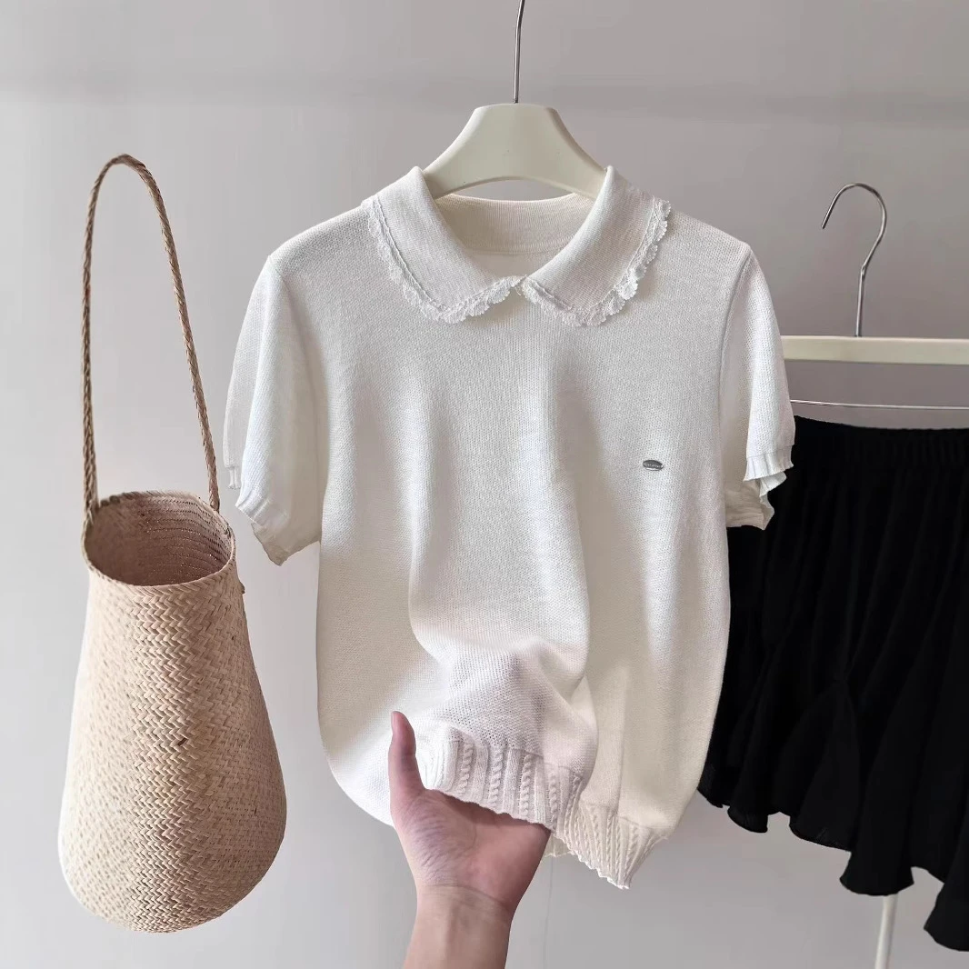 娃娃领短袖针织衫2025时尚韩系温柔显瘦白色质甜上衣打底洋气百搭