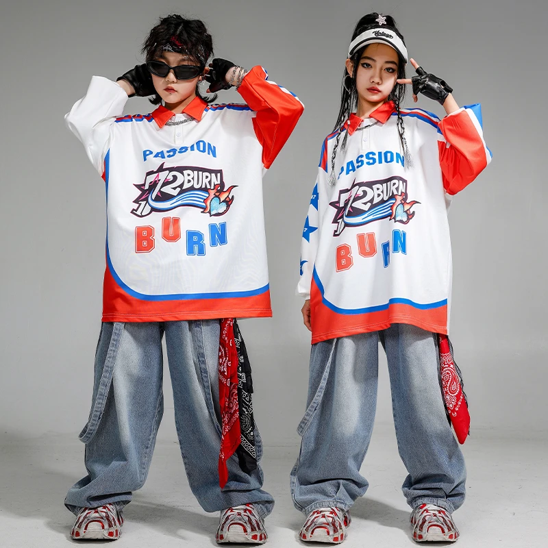 儿童街舞潮服男女童撞色嘻哈T恤牛仔裤hiphop炸街架子鼓表演服装
