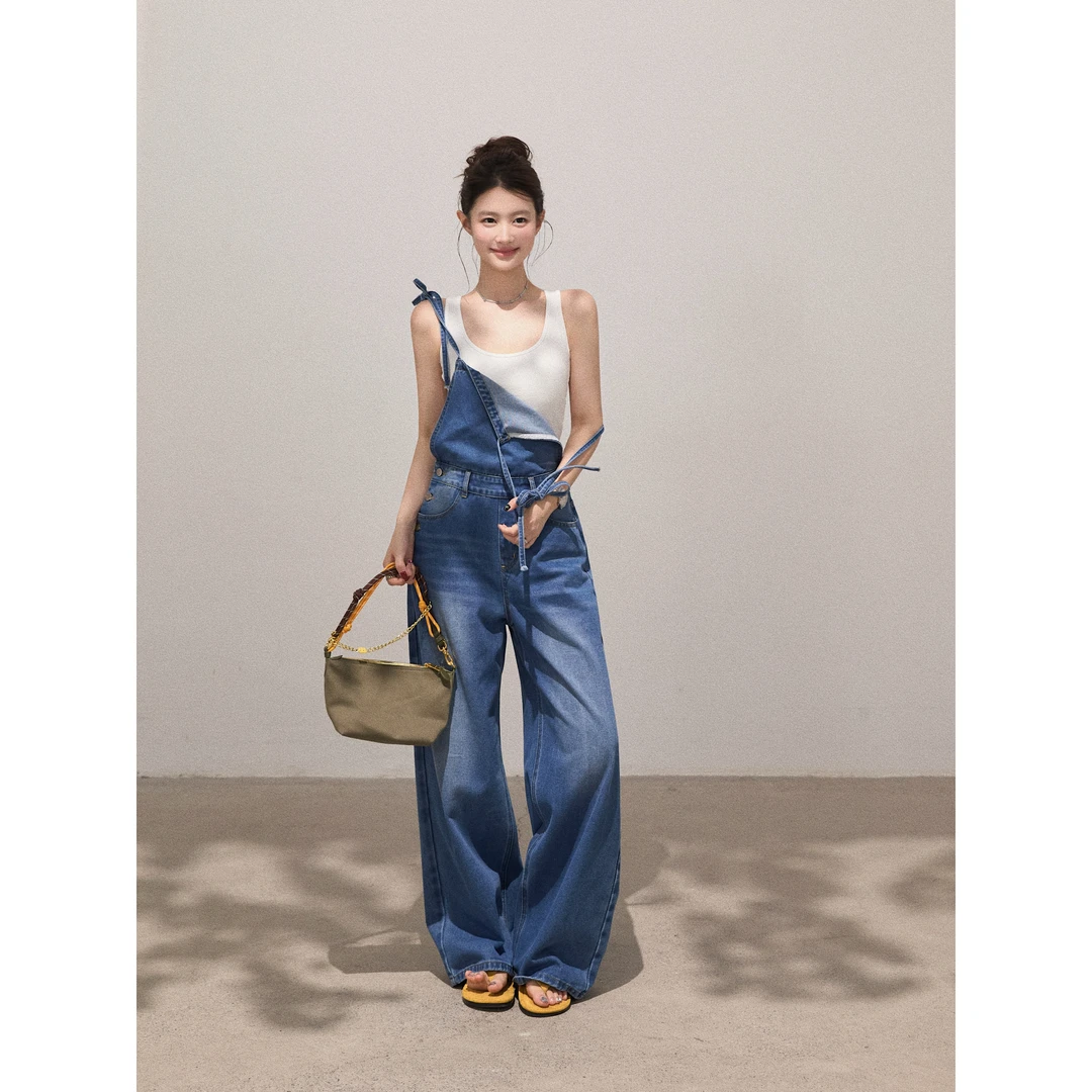 【谢不肉】洗水宽松绑带阔腿牛仔背带裤修身吊带背心套装50096