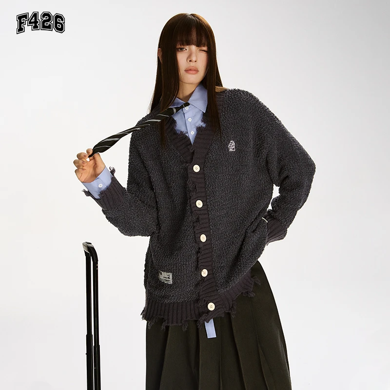 【F426旗舰店】国潮牌春季新款美式复古休闲小狗假两件毛衣开衫6313