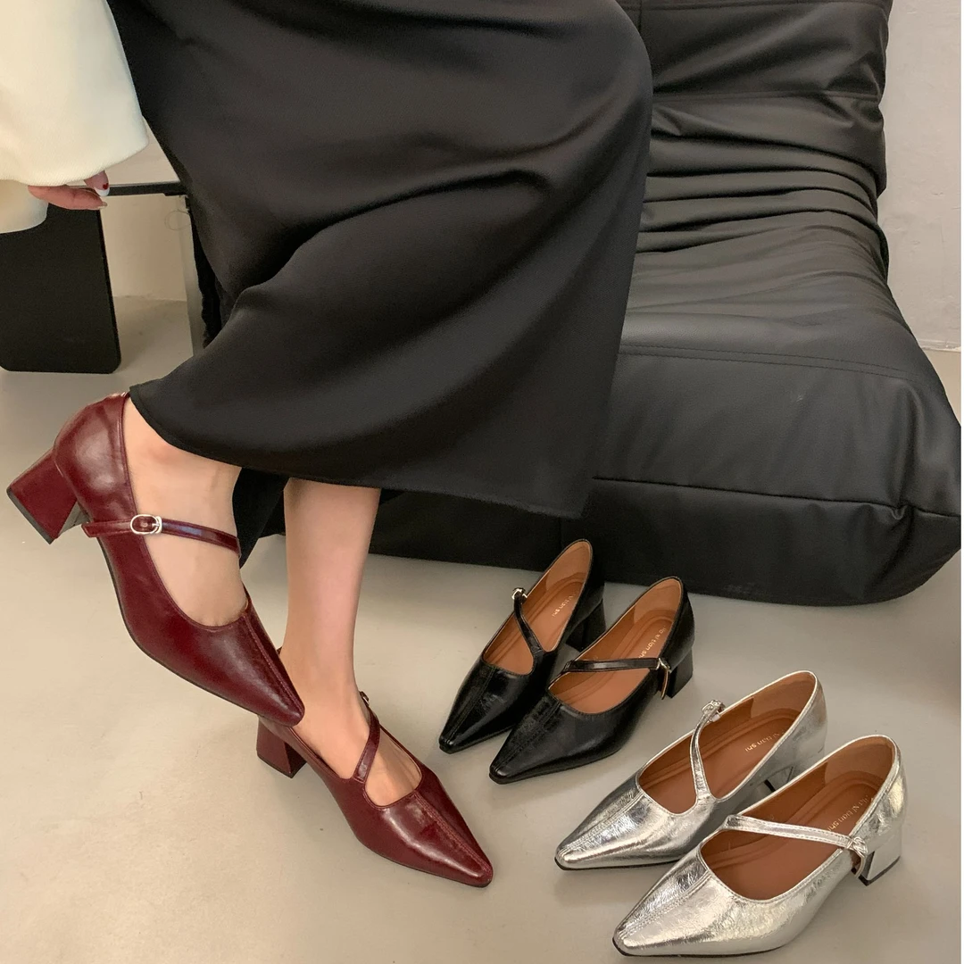 法式尖头不规则小众设计感时尚气质一字带玛丽珍粗跟高跟鞋3353-6