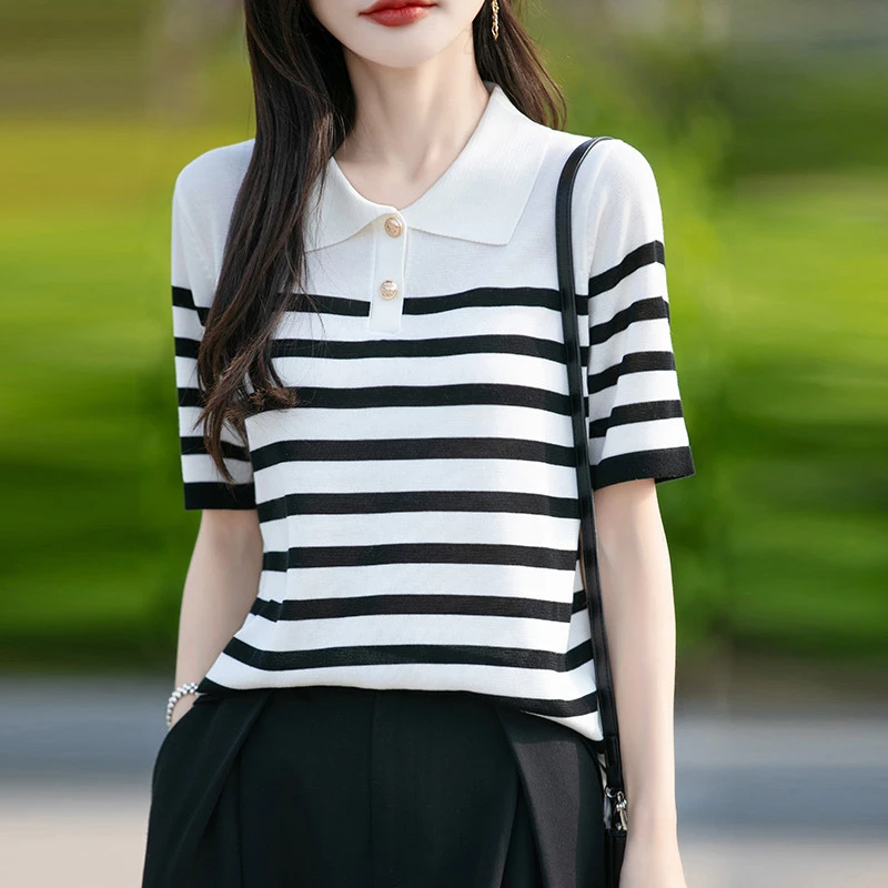 通勤时尚翻领天丝针织衫薄款夏季polo衫冰丝短袖t恤上衣休闲半袖