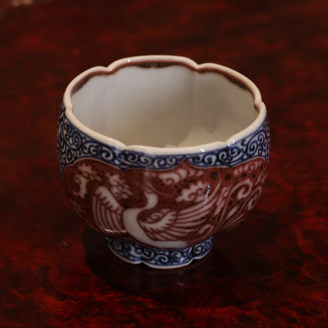 畅怀堂·元青花釉里红·太阳鸟六方玉兰杯景德镇陶瓷纯手工手绘