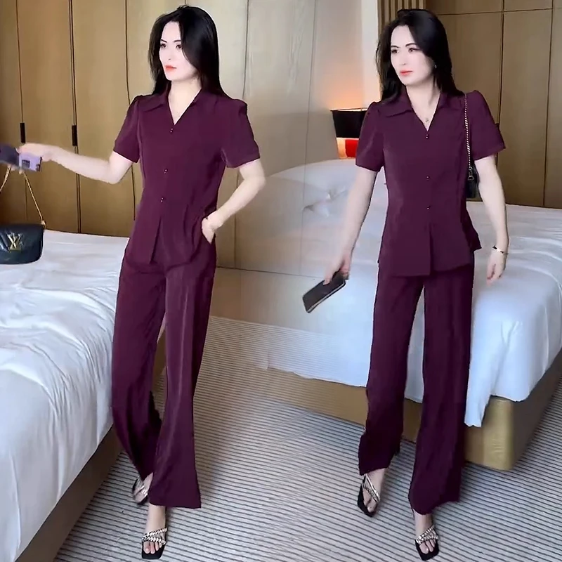 冰丝时尚套装女2025夏季新款洋气显瘦短袖上衣阔腿裤气质两件套潮