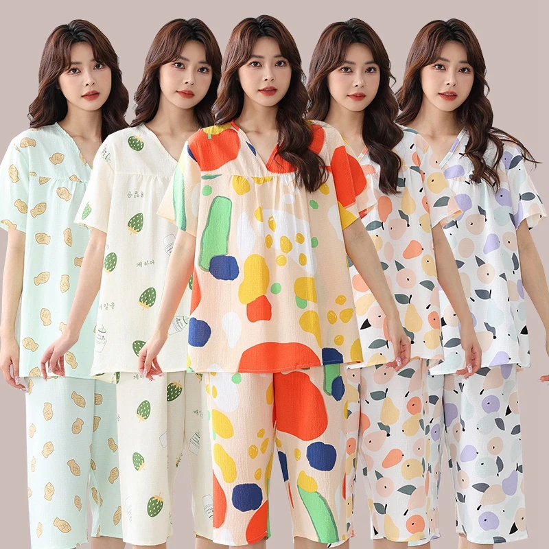 中年家居服夏两件套中老年妈妈睡衣夏季女短袖七分裤宽松套装薄款