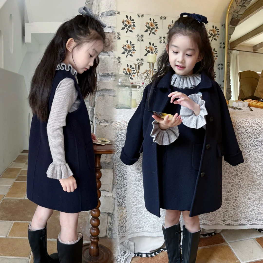 [Petit Nez]复古100%羊毛双面羊绒手工女童大衣藏青两件套