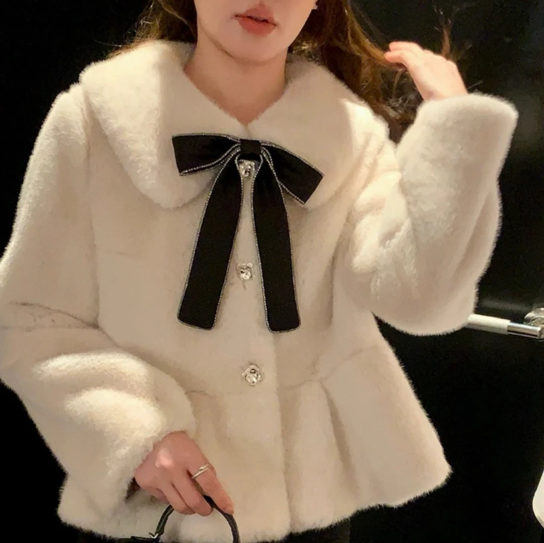 小个子定制miu系仿貂毛环保皮草短款上衣荷叶边蝴蝶结毛毛外套女