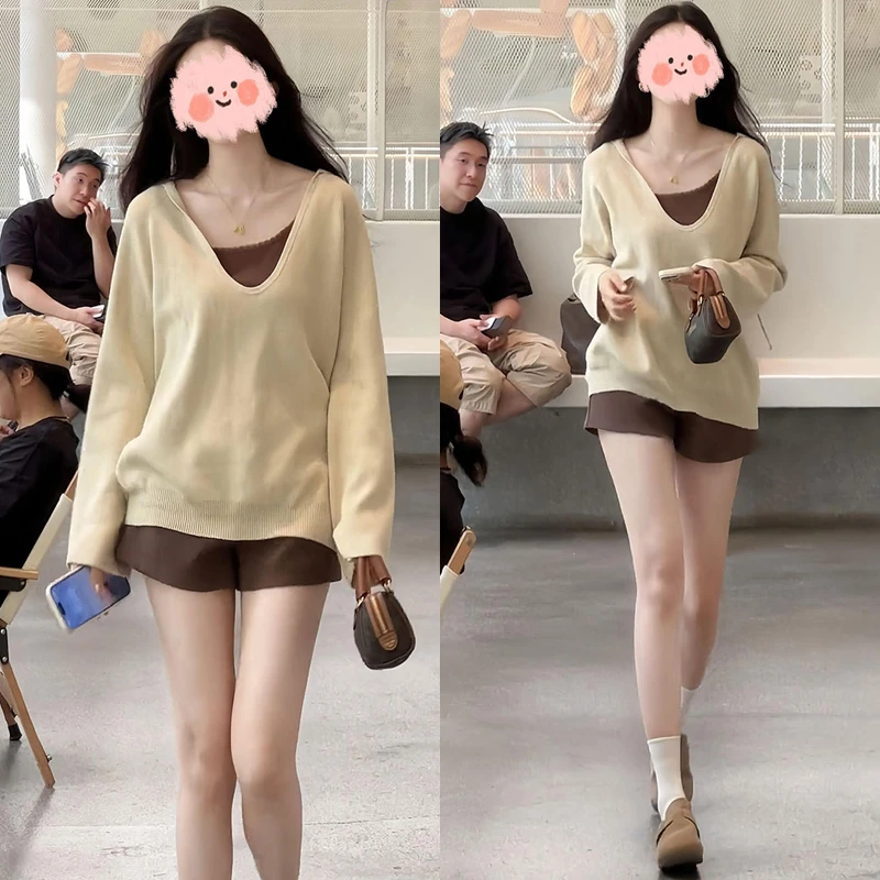 2025早秋新款懒惰风松弛感连帽休闲针织上衣百搭肌理感短裤套装女