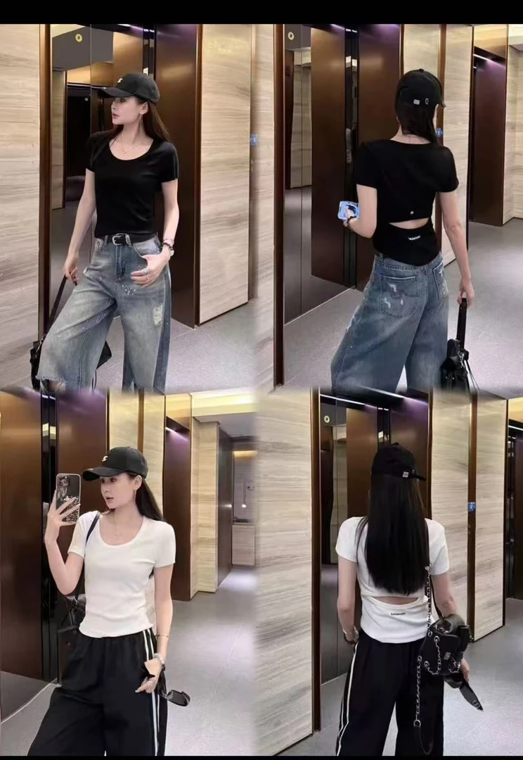 3063#露背圆领短袖t恤女夏季新款小个子修身显瘦短款打底正肩上衣