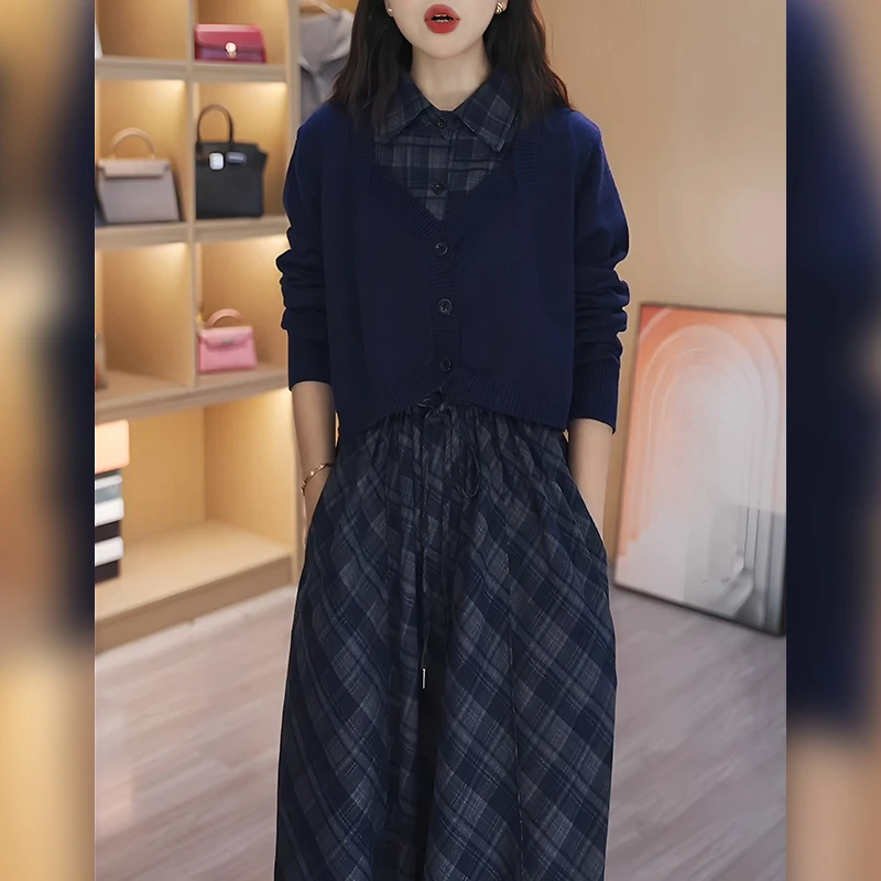 2025春秋季新款女士针织衫上衣假两件连衣裙