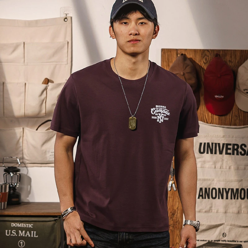 紫色后背印花圆领正肩T恤男260g重磅纯棉夏季美式休闲标语短袖