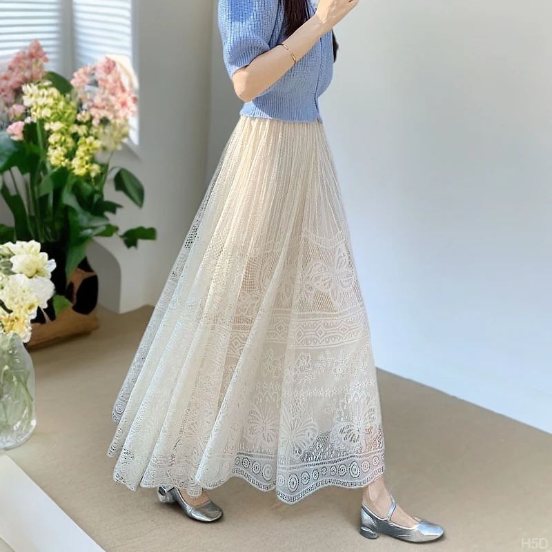 蕾丝半身裙女2025春夏新款气质长款大摆伞裙刺绣网纱裙a字长裙子