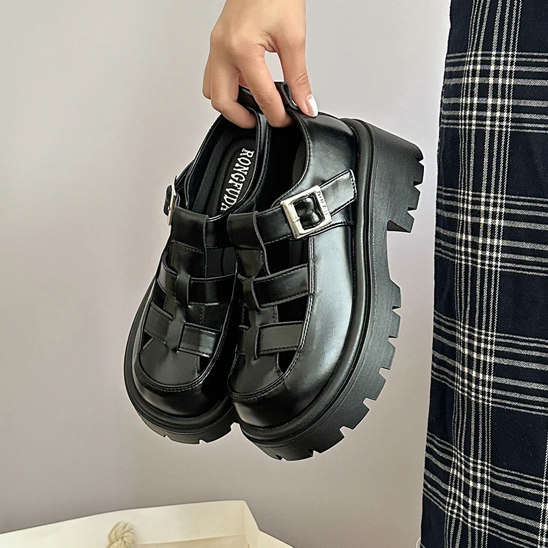 编织包头黑色乐福单鞋圆头女鞋英伦风春夏休闲复古厚底百搭镂空