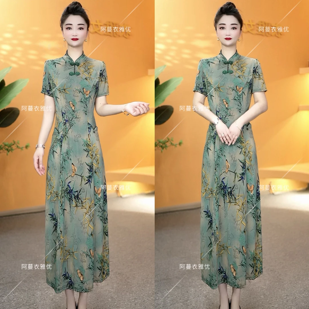 【衣雅严选】8101-1644#新款手工钉珠盘扣冰雪丝弹力缎面旗袍裙