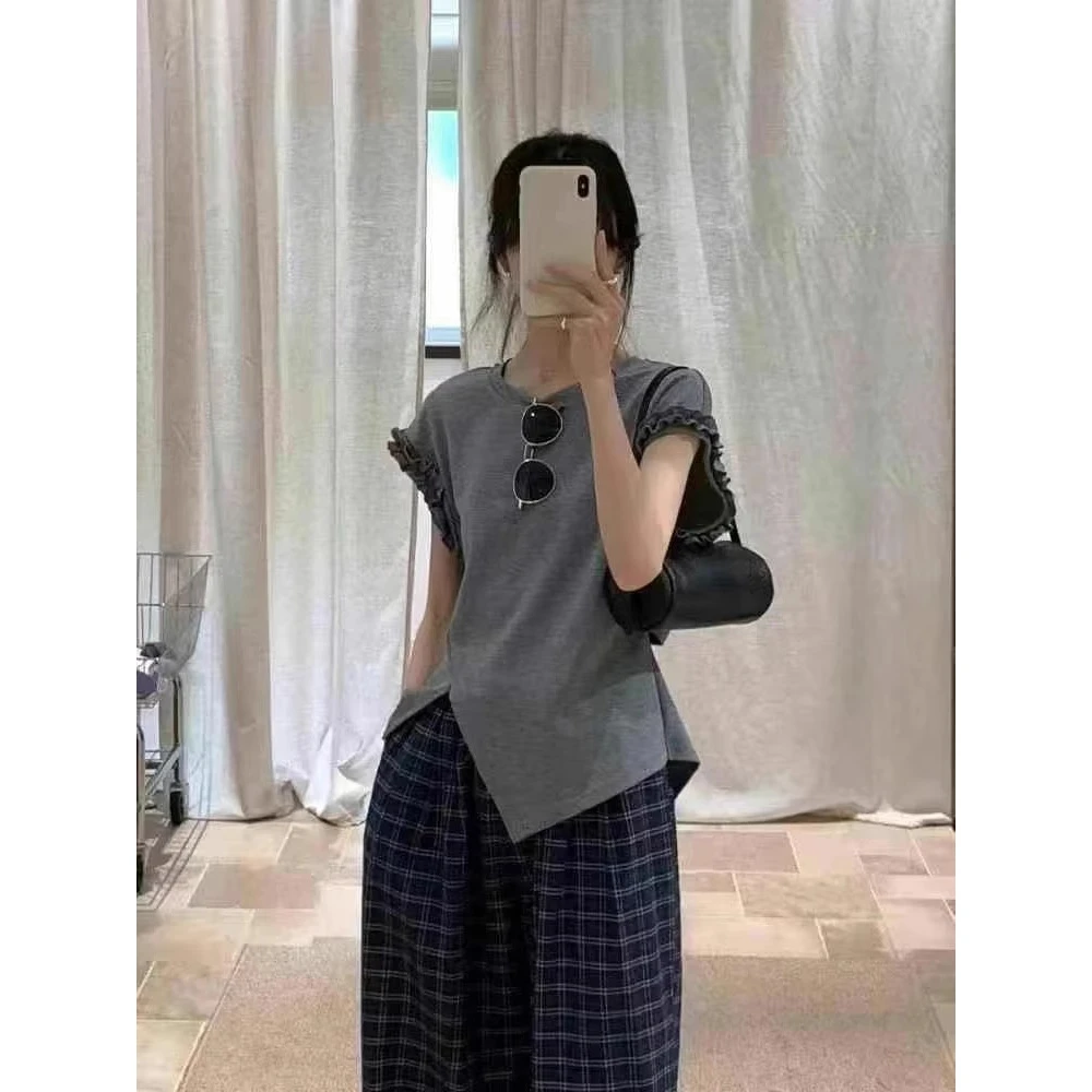 夏季2025新款时尚减龄上衣韩系木耳边不规则开叉设计百搭短袖T恤