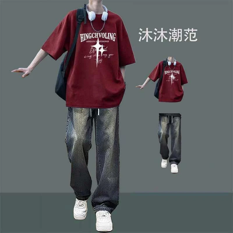 时尚短袖t恤男夏季套装搭配牛仔裤帅气阳光干净男生穿搭一整套潮