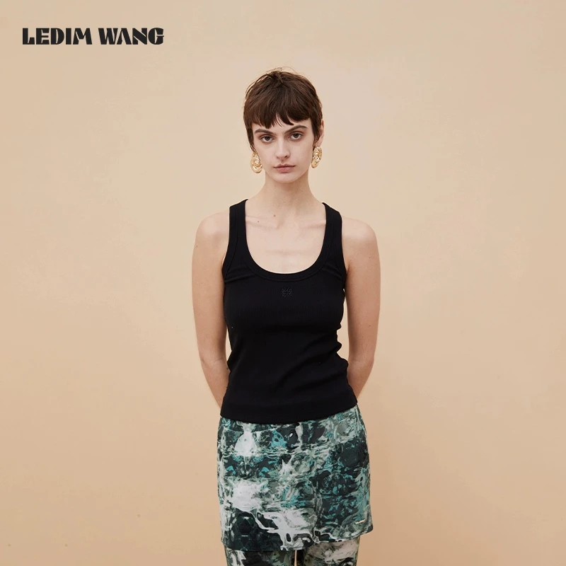 ledim wang百搭基础款工字形修身清凉感打底背心女刺绣简约内搭