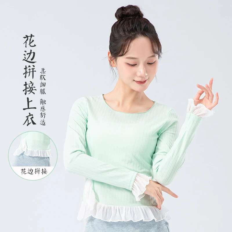 24126新款荷叶边拼接蕾丝长袖打底针织衫春慵懒风练功服上衣