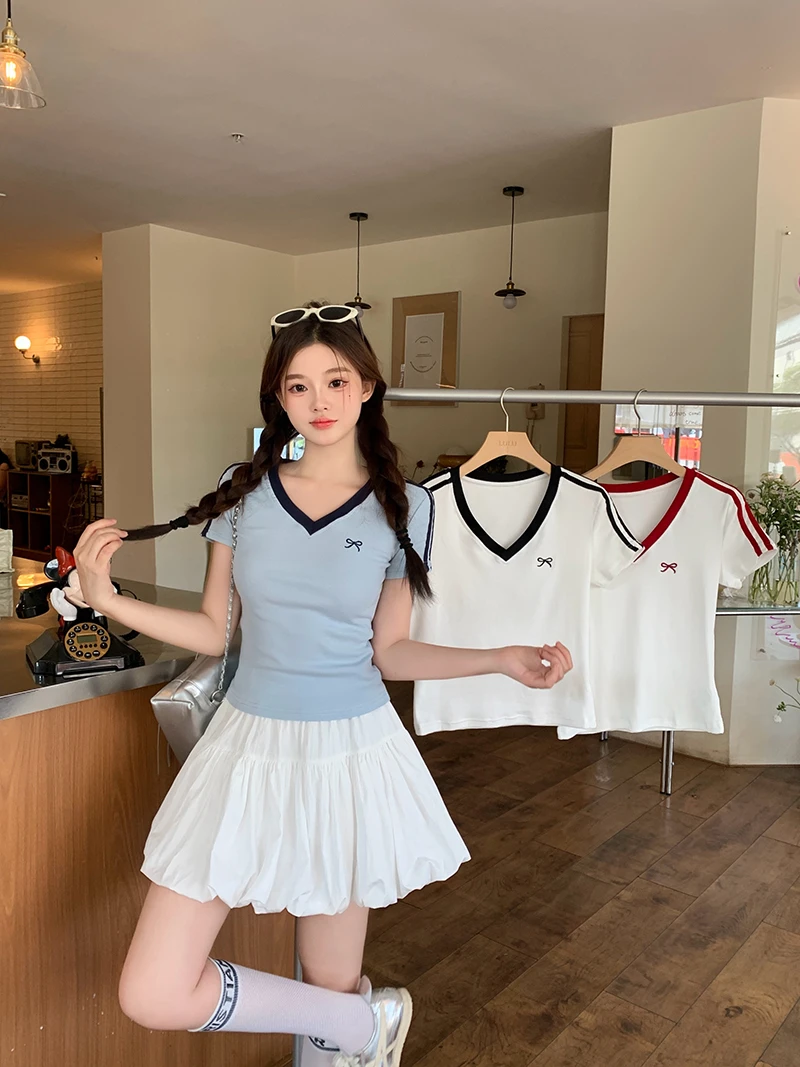 【胖嘉】2025夏装新款大码女韩系休闲撞色刺绣蝴蝶结短袖T恤35191