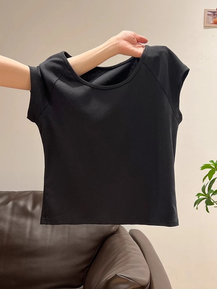 黑色圆领纯欲露锁骨插肩短袖t恤女夏季新款修身显瘦辣妹百搭上衣