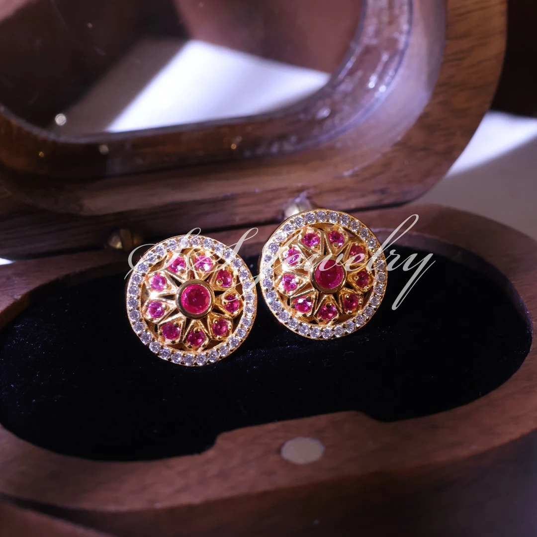 925银合成锆石耳饰 SS JEWELRY红花满钻围镶耳钉复古宫廷风